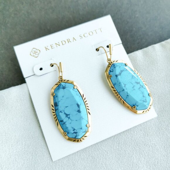 Kendra Scott - Elle Vintage Gold Variegated Turquoise Etch Frame Drop Earrings - Picture 2 of 3